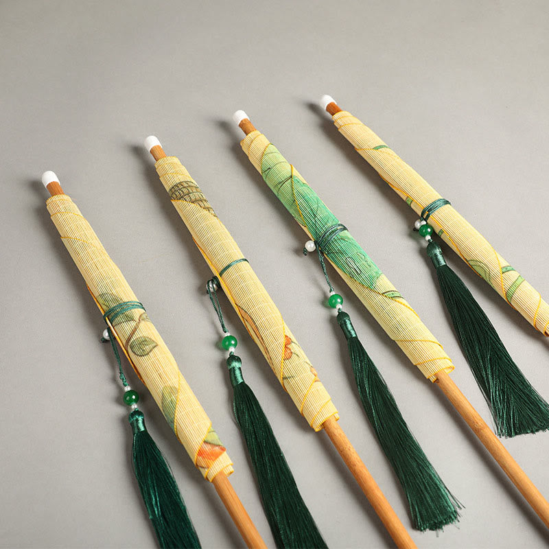 Nimara Ritual Handmade Birds Flowers Persimmons Fruit Koi Fish Lotus Bamboo Long Handle Portable Curlable Fan