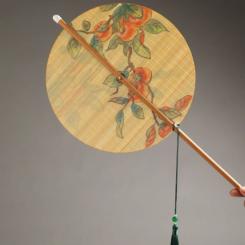 Nimara Ritual Handmade Birds Flowers Persimmons Fruit Koi Fish Lotus Bamboo Long Handle Portable Curlable Fan