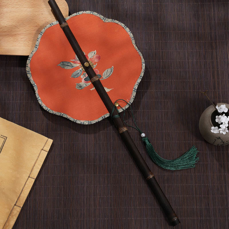 Nimara Ritual Handmade Cherry Bamboo Leaf Grape Pattern Long Purple Bamboo Handle Portable Curlable Fan