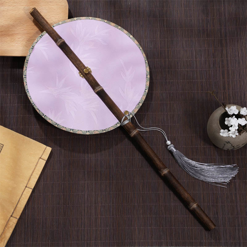 Nimara Ritual Handmade Cherry Bamboo Leaf Grape Pattern Long Purple Bamboo Handle Portable Curlable Fan