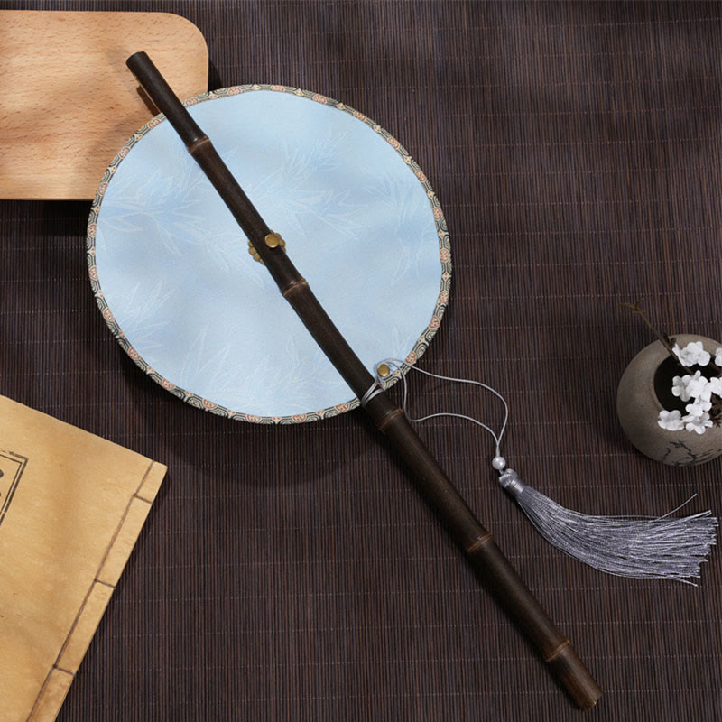 Nimara Ritual Handmade Cherry Bamboo Leaf Grape Pattern Long Purple Bamboo Handle Portable Curlable Fan