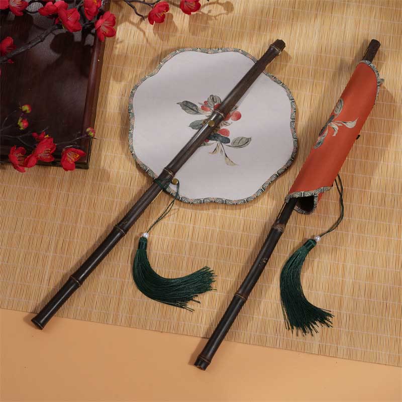 Nimara Ritual Handmade Cherry Bamboo Leaf Grape Pattern Long Purple Bamboo Handle Portable Curlable Fan