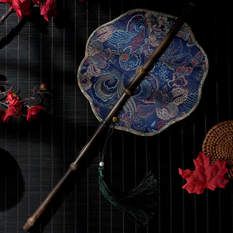 Nimara Ritual Handmade Shell Scales Leaves Epiphyllum Pattern Long Purple Bamboo Handle Portable Curlable Fan