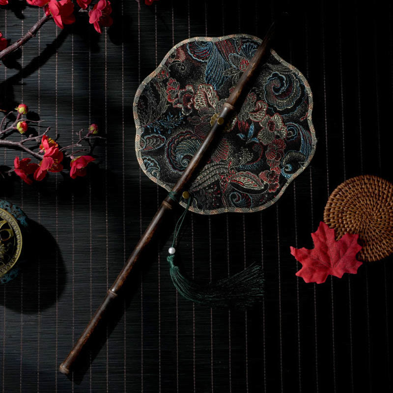 Nimara Ritual Handmade Shell Scales Leaves Epiphyllum Pattern Long Purple Bamboo Handle Portable Curlable Fan