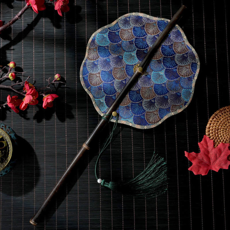 Nimara Ritual Handmade Shell Scales Leaves Epiphyllum Pattern Long Purple Bamboo Handle Portable Curlable Fan