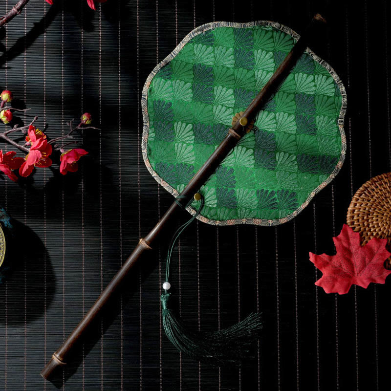 Nimara Ritual Handmade Shell Scales Leaves Epiphyllum Pattern Long Purple Bamboo Handle Portable Curlable Fan