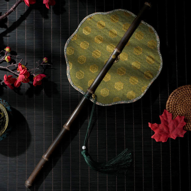 Nimara Ritual Handmade Shell Scales Leaves Epiphyllum Pattern Long Purple Bamboo Handle Portable Curlable Fan