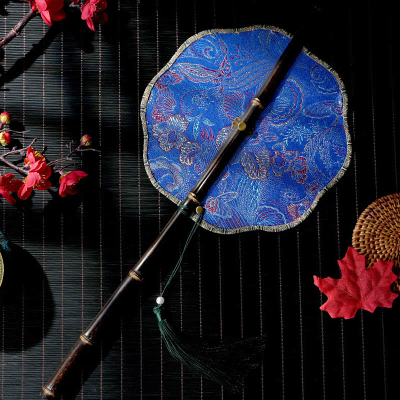 Nimara Ritual Handmade Shell Scales Leaves Epiphyllum Pattern Long Purple Bamboo Handle Portable Curlable Fan