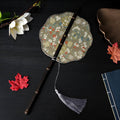 Nimara Ritual Handmade Flowers Peach Loquat Bird Crane Butterfly Pattern Long Purple Bamboo Handle Portable Curlable Fan