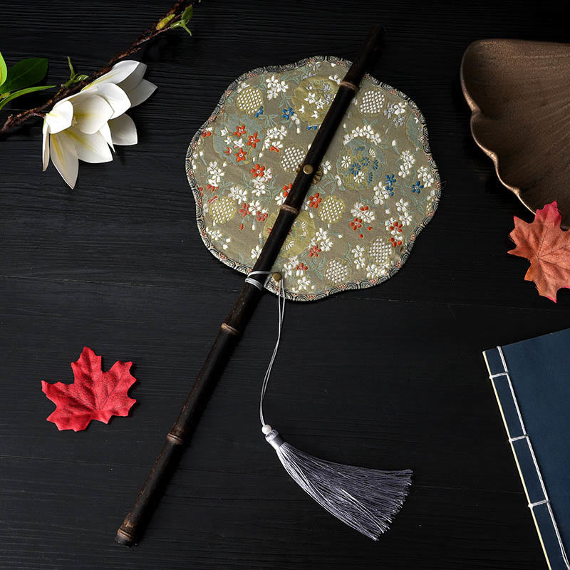 Nimara Ritual Handmade Flowers Peach Loquat Bird Crane Butterfly Pattern Long Purple Bamboo Handle Portable Curlable Fan