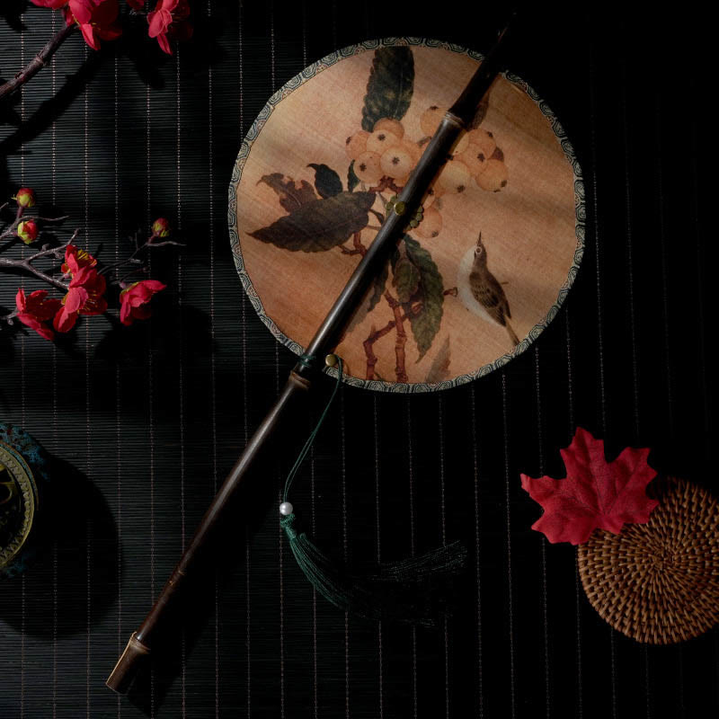 Nimara Ritual Handmade Flowers Peach Loquat Bird Crane Butterfly Pattern Long Purple Bamboo Handle Portable Curlable Fan
