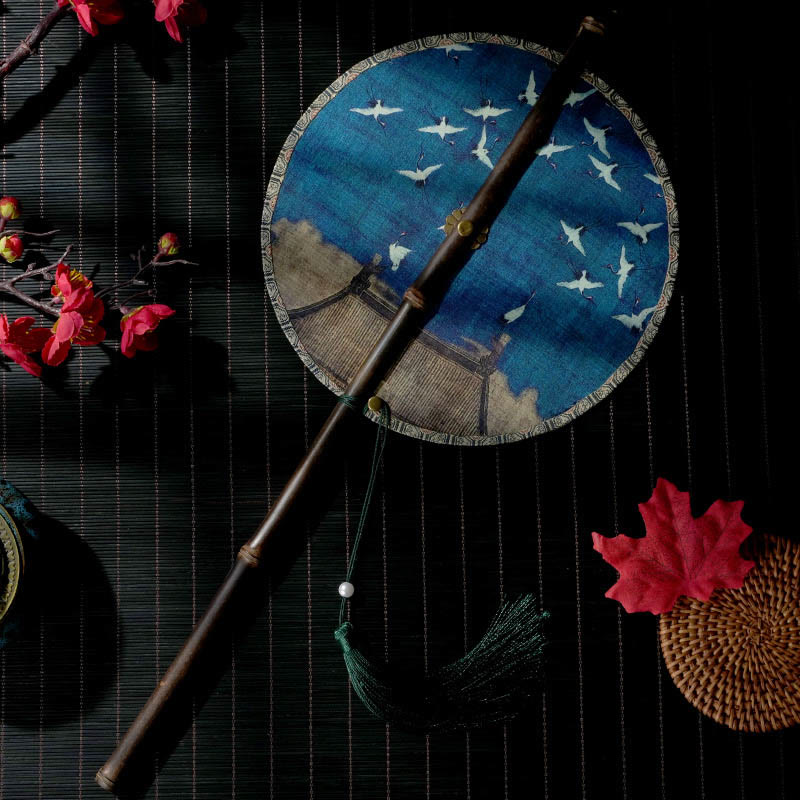 Nimara Ritual Handmade Flowers Peach Loquat Bird Crane Butterfly Pattern Long Purple Bamboo Handle Portable Curlable Fan