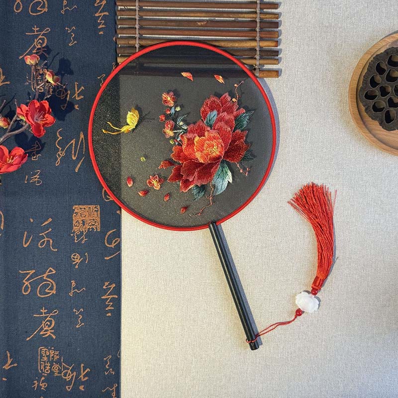 Nimara Ritual Peony Flowers Butterfly Embroidered Handheld Wood Handle Fan