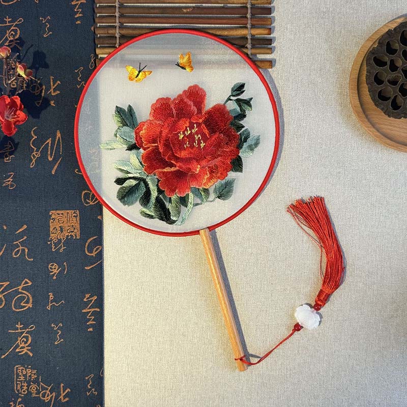 Nimara Ritual Peony Flowers Butterfly Embroidered Handheld Wood Handle Fan