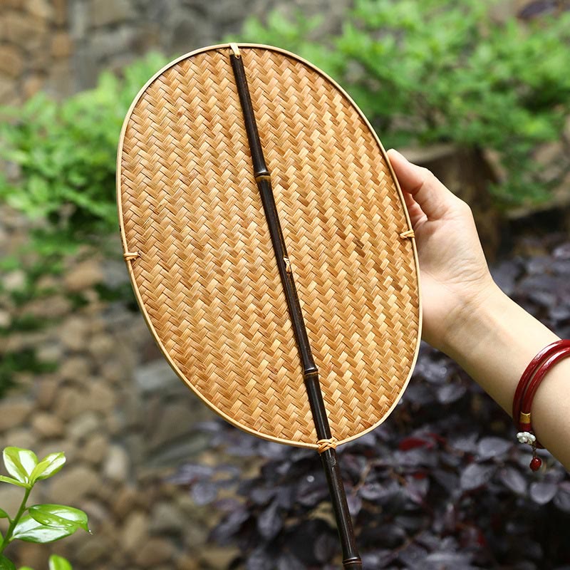 Nimara Ritual Chinese Style Handmade Bamboo Woven Oval Round Banana Conical Shape Long Handle Fan