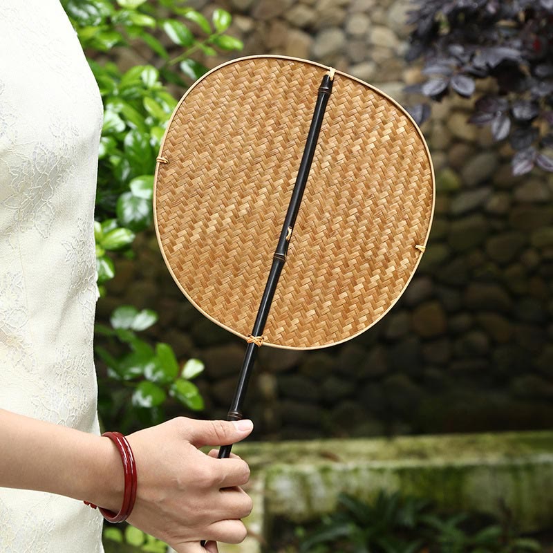 Nimara Ritual Chinese Style Handmade Bamboo Woven Oval Round Banana Conical Shape Long Handle Fan