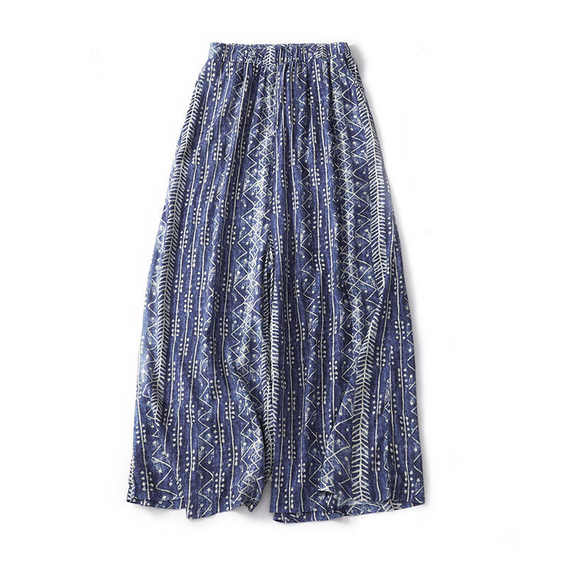 Nimara Ritual Blue Stripes Print Cotton Linen Wide Leg Pants With Pockets