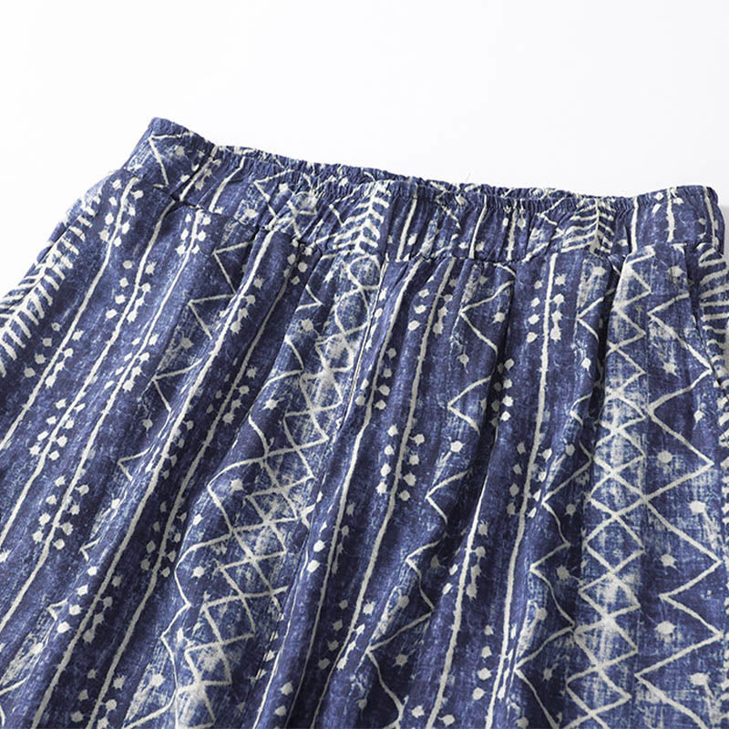 Nimara Ritual Blue Stripes Print Cotton Linen Wide Leg Pants With Pockets