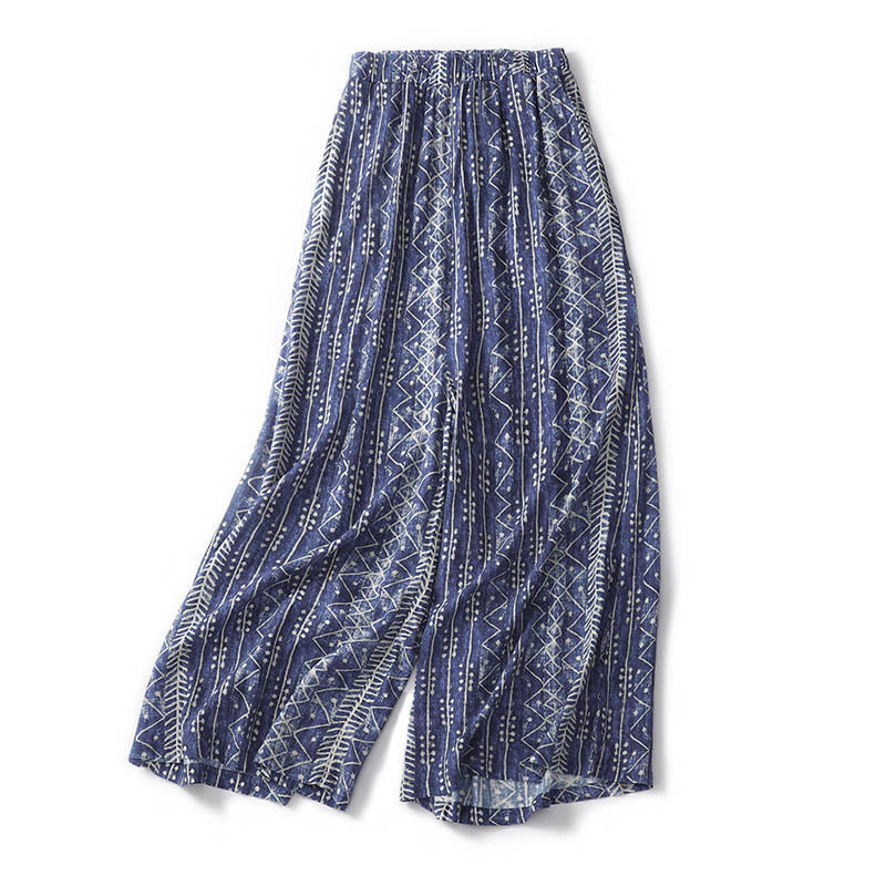 Nimara Ritual Blue Stripes Print Cotton Linen Wide Leg Pants With Pockets