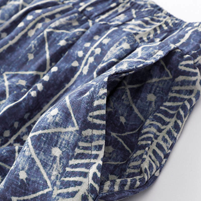 Nimara Ritual Blue Stripes Print Cotton Linen Wide Leg Pants With Pockets