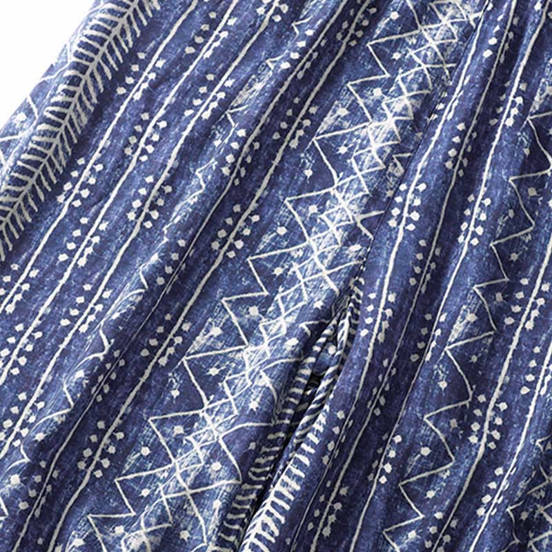 Nimara Ritual Blue Stripes Print Cotton Linen Wide Leg Pants With Pockets