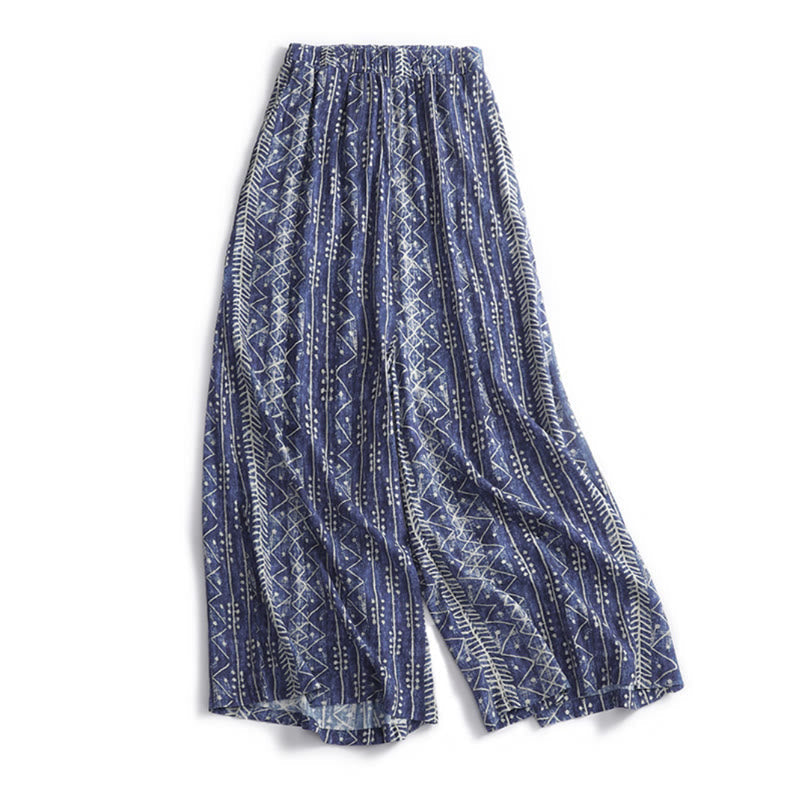 Nimara Ritual Blue Stripes Print Cotton Linen Wide Leg Pants With Pockets