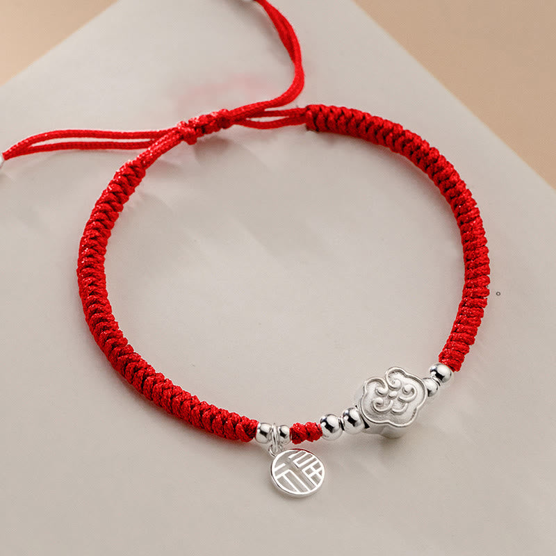 Nimara Ritual Handmade 925 Sterling Silver Fu Character Auspicious Clouds Blessing Braided Rope Bracelet