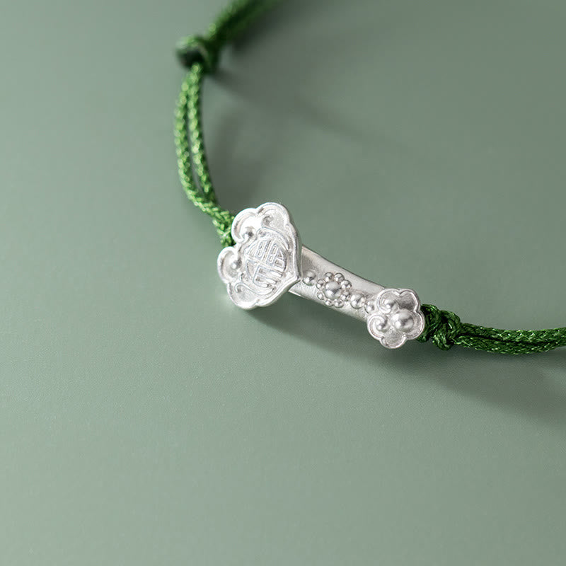 Nimara Ritual Handmade 999 Sterling Silver Fu Character Wish Ruyi Handle Luck Braided Green Rope Bracelet