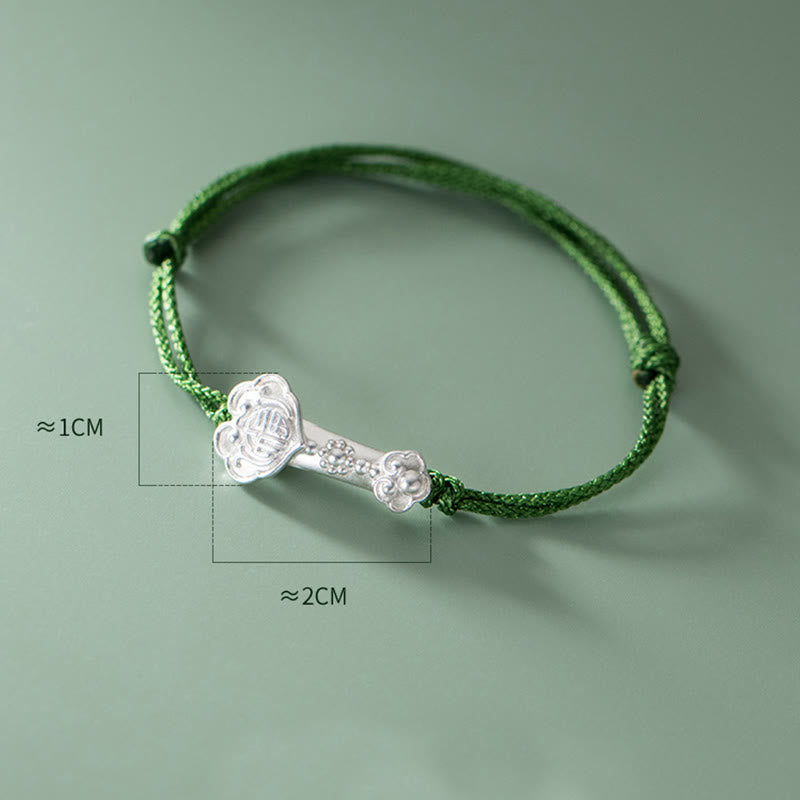 Nimara Ritual Handmade 999 Sterling Silver Fu Character Wish Ruyi Handle Luck Braided Green Rope Bracelet