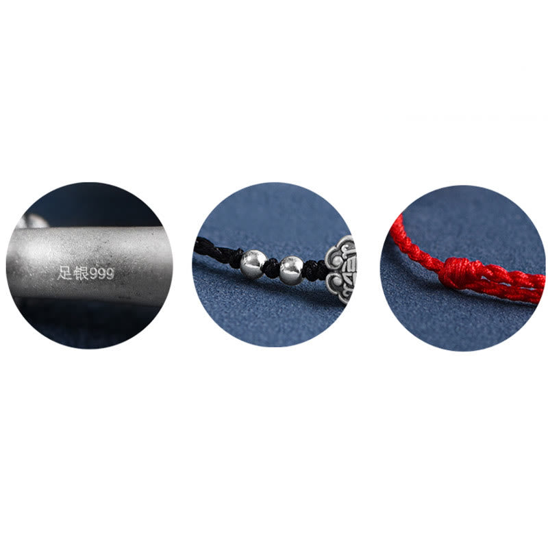Nimara Ritual Handmade 999 Sterling Silver Fu Character Wish Ruyi Handle Fortune Rope Bracelet Anklet