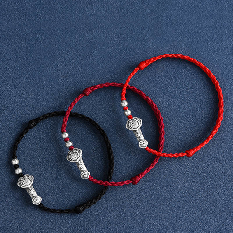 Nimara Ritual Handmade 999 Sterling Silver Fu Character Wish Ruyi Handle Fortune Rope Bracelet Anklet