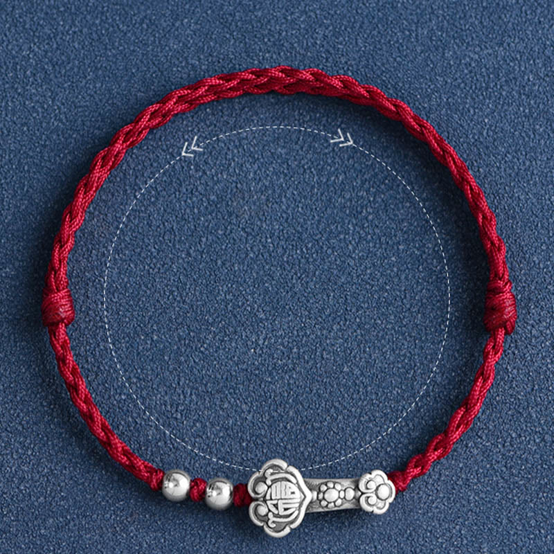 Nimara Ritual Handmade 999 Sterling Silver Fu Character Wish Ruyi Handle Fortune Rope Bracelet Anklet