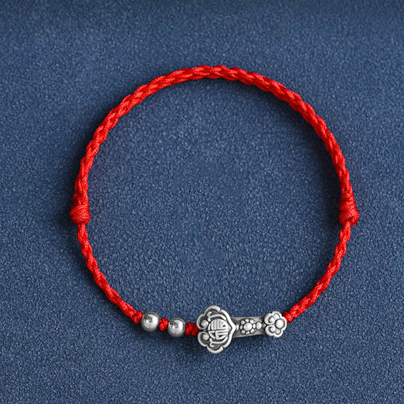 Nimara Ritual Handmade 999 Sterling Silver Fu Character Wish Ruyi Handle Fortune Rope Bracelet Anklet