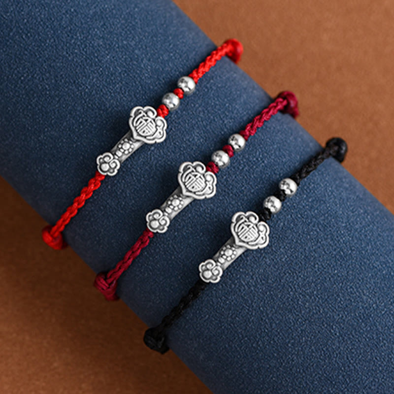 Nimara Ritual Handmade 999 Sterling Silver Fu Character Wish Ruyi Handle Fortune Rope Bracelet Anklet