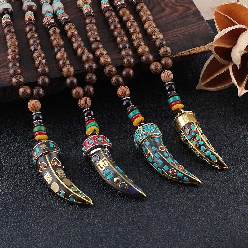 Nimara Ritual Tibet Wenge Wood Om Mani Padme Hum OM Symbol Mantra Horn Pattern Protection Necklace Pendant