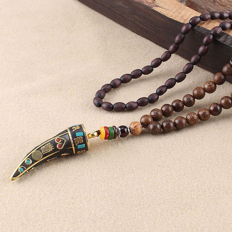Nimara Ritual Tibet Wenge Wood Om Mani Padme Hum OM Symbol Mantra Horn Pattern Protection Necklace Pendant