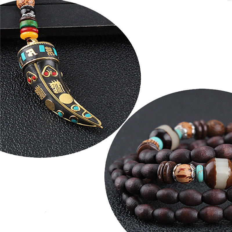 Nimara Ritual Tibet Wenge Wood Om Mani Padme Hum OM Symbol Mantra Horn Pattern Protection Necklace Pendant