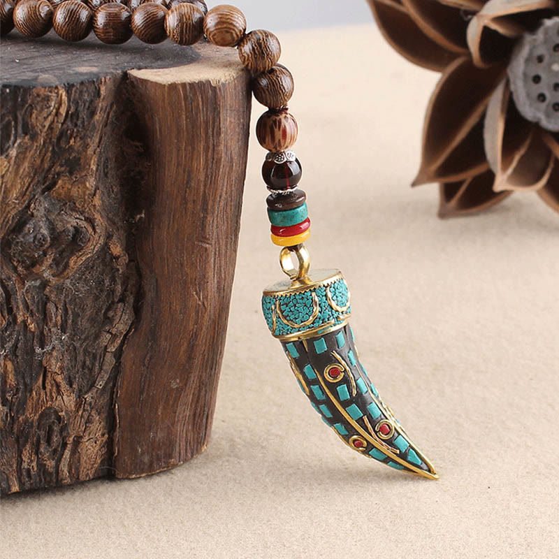 Nimara Ritual Tibet Wenge Wood Om Mani Padme Hum OM Symbol Mantra Horn Pattern Protection Necklace Pendant
