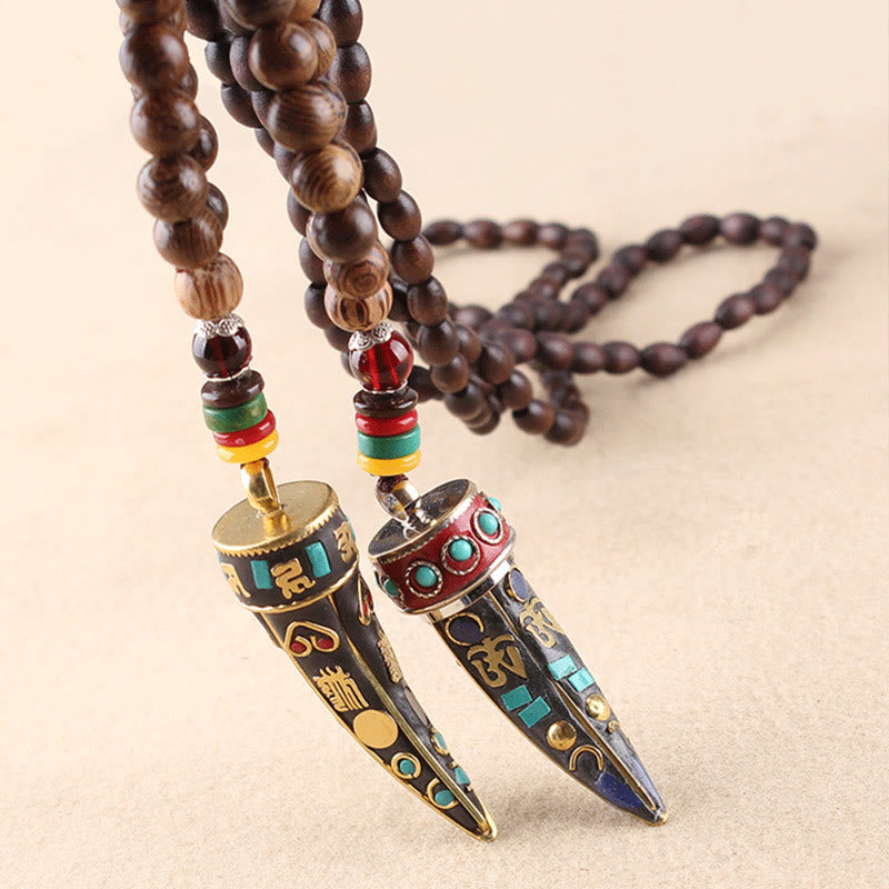 Nimara Ritual Tibet Wenge Wood Om Mani Padme Hum OM Symbol Mantra Horn Pattern Protection Necklace Pendant