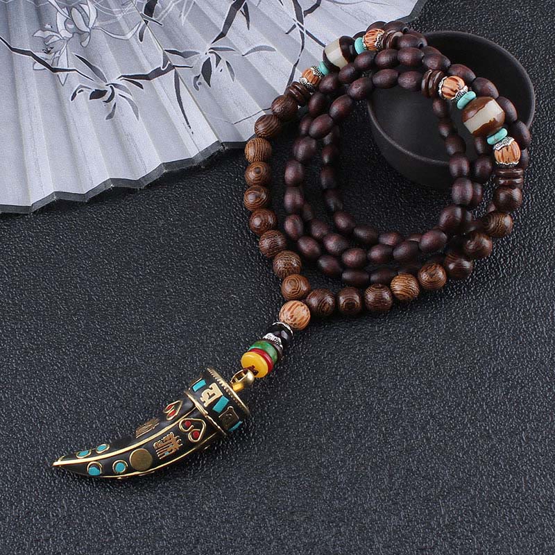 Nimara Ritual Tibet Wenge Wood Om Mani Padme Hum OM Symbol Mantra Horn Pattern Protection Necklace Pendant