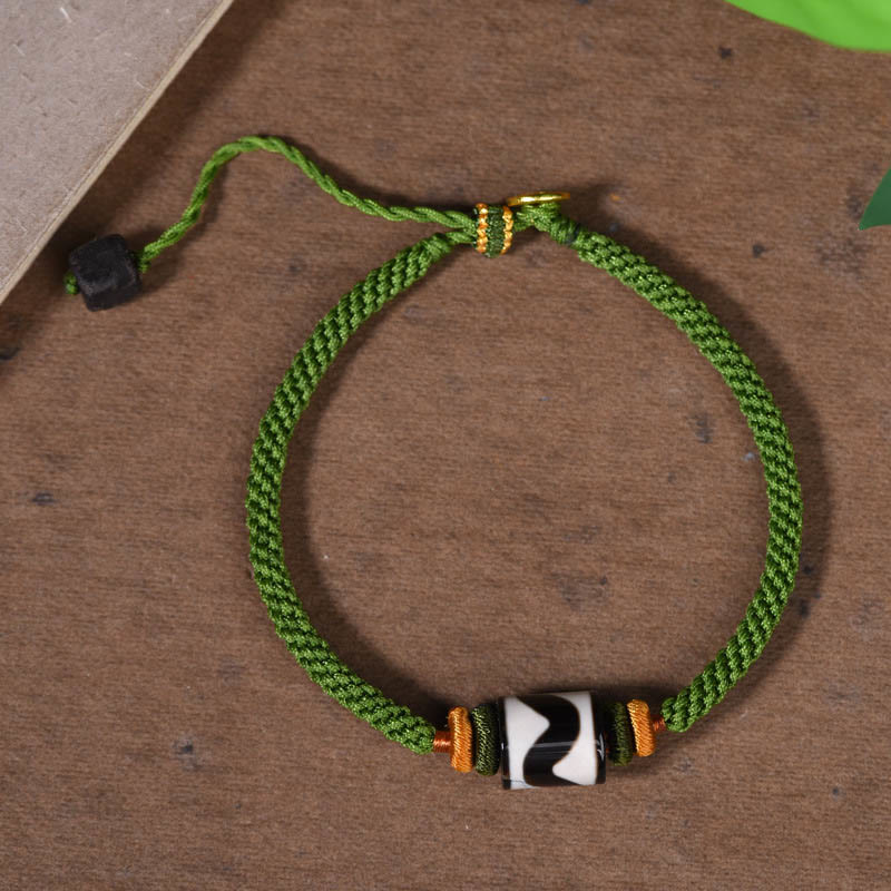 Nimara Ritual Handmade Tibetan Dzi Bead Protection Braided Green Rope Bracelet