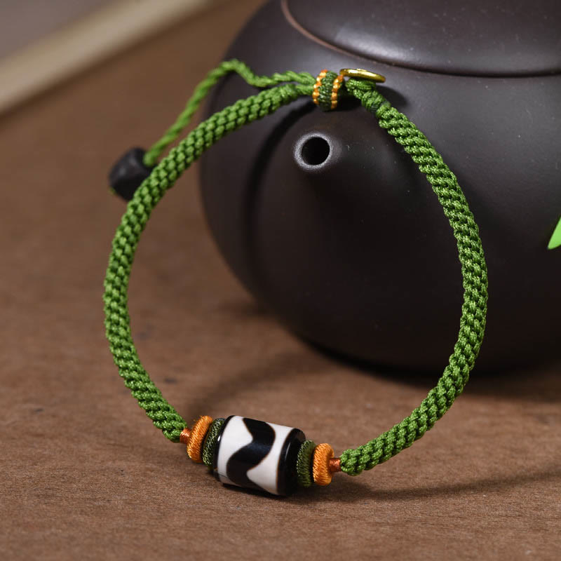 Nimara Ritual Handmade Tibetan Dzi Bead Protection Braided Green Rope Bracelet