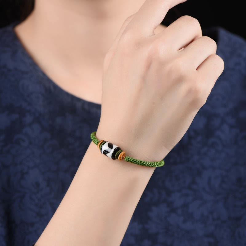 Nimara Ritual Handmade Tibetan Dzi Bead Protection Braided Green Rope Bracelet