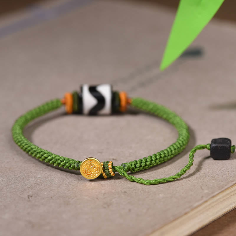 Nimara Ritual Handmade Tibetan Dzi Bead Protection Braided Green Rope Bracelet