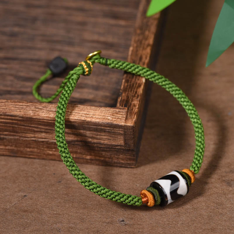 Nimara Ritual Handmade Tibetan Dzi Bead Protection Braided Green Rope Bracelet