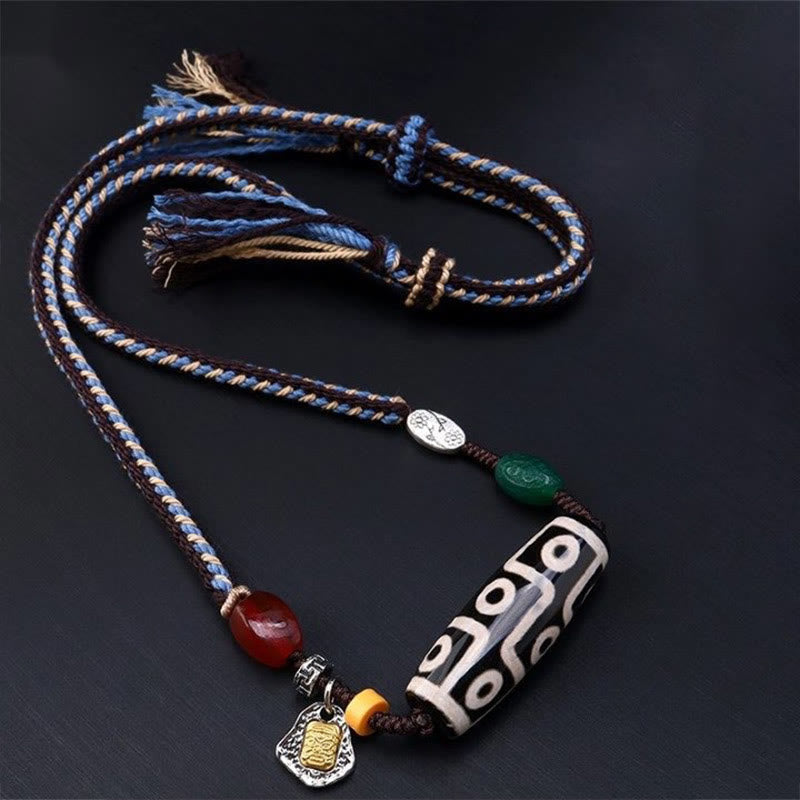 Nimara Ritual Tibetan Nine-eye Dzi Bead Protection Braided Rope Necklace Pendant