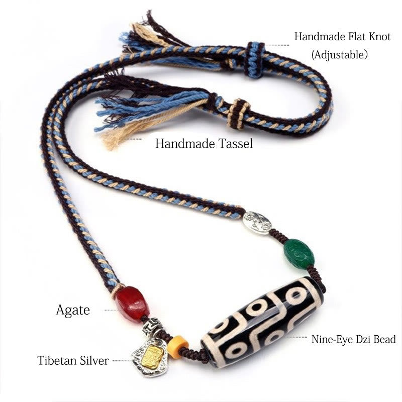 Nimara Ritual Tibetan Nine-eye Dzi Bead Protection Braided Rope Necklace Pendant