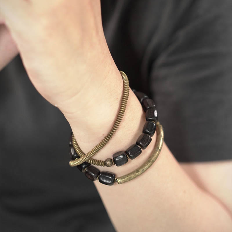 Nimara Ritual Vintage Peace Tibetan Ebony Wood Beads Copper Multilayered Healing Bracelet