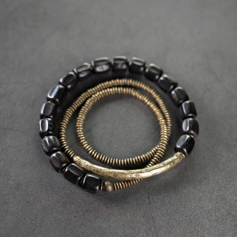 Nimara Ritual Vintage Peace Tibetan Ebony Wood Beads Copper Multilayered Healing Bracelet