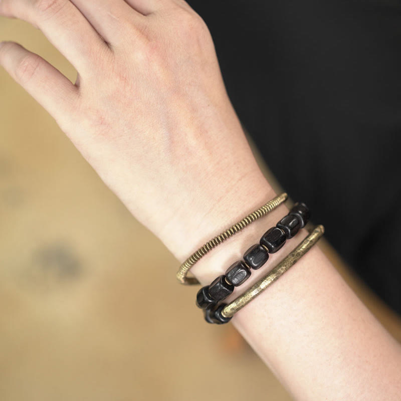 Nimara Ritual Vintage Peace Tibetan Ebony Wood Beads Copper Multilayered Healing Bracelet
